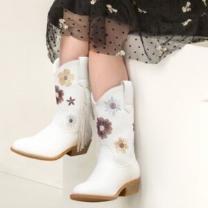 ROLLDA  white Cowgirl Cowboy Boots for Kids with Tassel Floral Embroidered -2